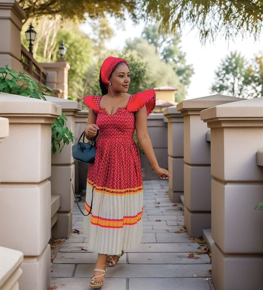 Ethnic Style Geometric Patchwork Ruffle Sleeve Layered Hem Dress