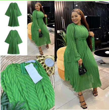 Light-green pleated midi dress with round neck and long sleeves, gathered waist