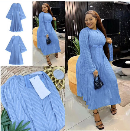 Sky-blue pleated midi dress with round neck and long sleeves, tiered pleat skirt