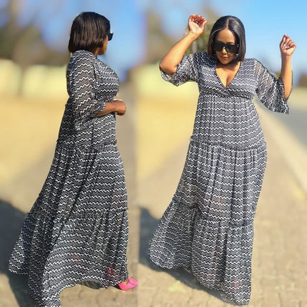 Dress Zigzag Pattern V-Neck Maxi Flared Hem Chic