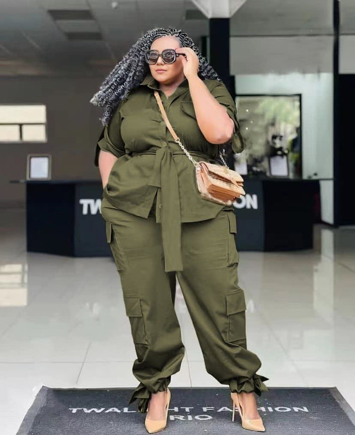 Knotted twin set blouse with matching cargo pants, dark olive green, tied adjustable waist