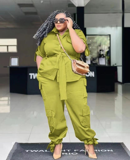Knotted twin set blouse with matching cargo pants, lime green, tied adjustable waist