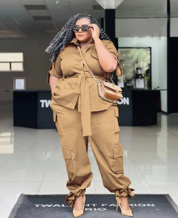 Knotted twin set blouse with matching cargo pants, khaki brown, tied adjustable waist