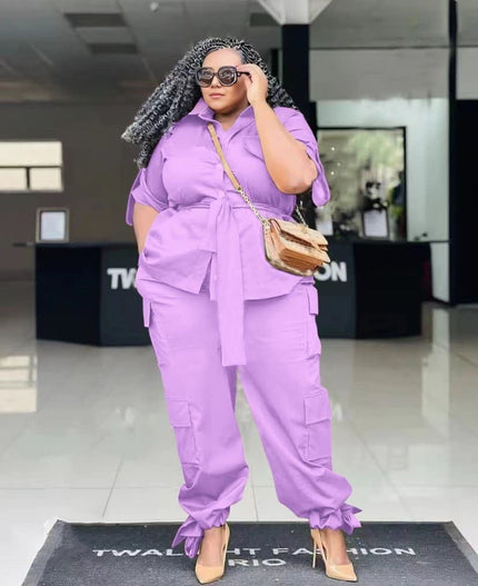Knotted twin set blouse with matching cargo pants, lavender purple, tied adjustable waist