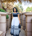 Off-Shoulder Maxikleid, A-Linie, maritimes Streifenmuster in Navy und Weiß