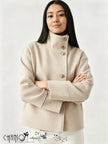 Beige double-breasted high-neck city coat with gold button front and long sleeves
