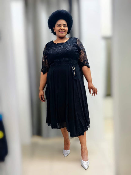 Lace midi dress with dark lace sleeves, waist ring detail, pleated skirt