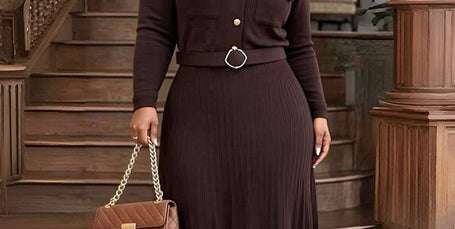 Pleated midi knit dress, lapel collar, button front, belted waist, long sleeves, brown