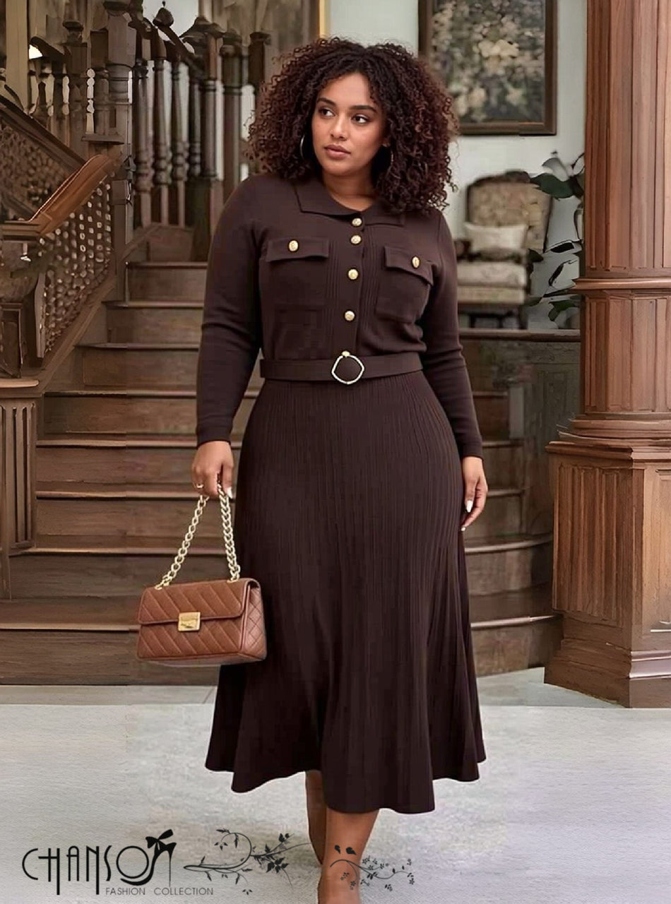 Pleated midi knit dress, lapel collar, button front, belted waist, long sleeves, brown