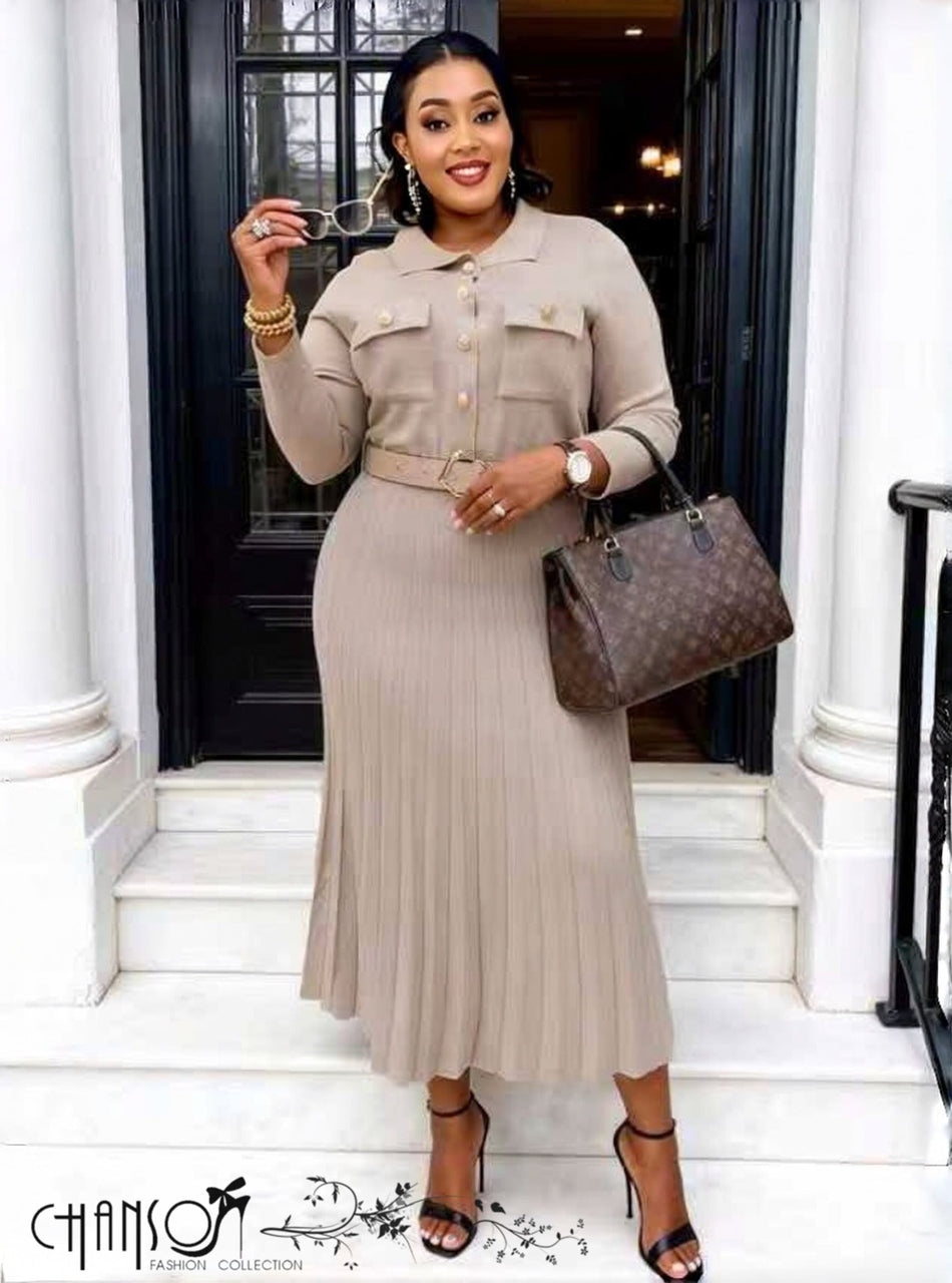 Pleated Midi Dress  Lapel Collar Knitwear