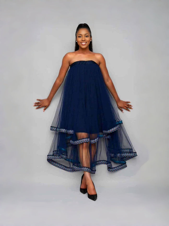 Navy strapless tulle dress with high-low layered skirt and ribbon trim hem