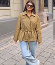 Women short trench coat with pointed collar, drawstring waist, olive