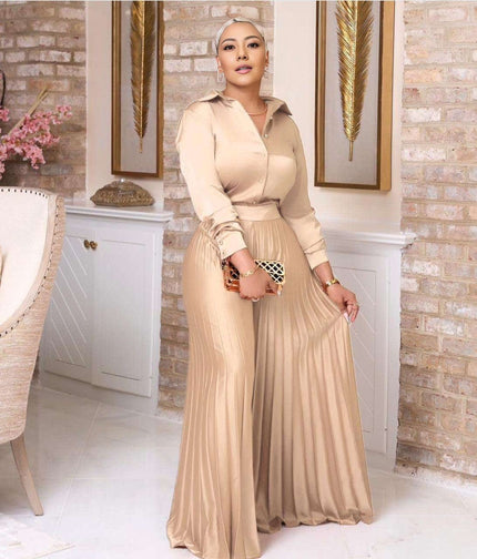 Pleated skirt outfit with button-up top and stretch waist, beige