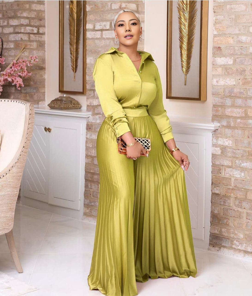 Women's Elegant Long Sleeve Shirt and High-Waisted Pleated Skirt Twin Set