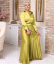 Pleated skirt outfit with button-up top and stretch waist, lime green