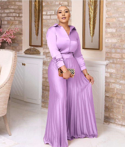 Pleated skirt outfit with button-up top and stretch waist, lavender