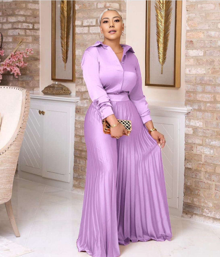Pleated skirt outfit with button-up top and stretch waist, lavender