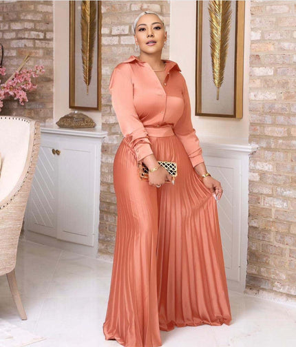 Pleated skirt outfit with button-up top and stretch waist, peach