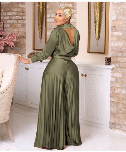 Pleated skirt outfit with button-up top and stretch waist, dark olive green