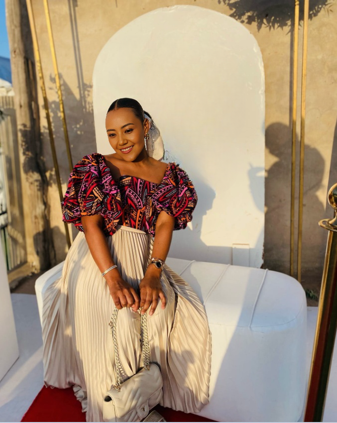 Geometric Pattern Puff-Sleeve Top with Pleated Skirt Twin Set