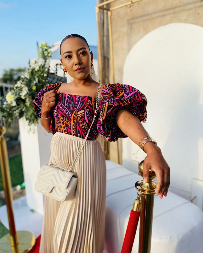 Geometric Pattern Puff-Sleeve Top with Pleated Skirt Twin Set