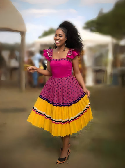 Pink tiered midi dress with ruffled sleeves, patterned skirt and purple/yellow tiers.