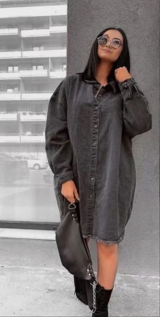Dark denim shirt dress with button front, collar, and long sleeves