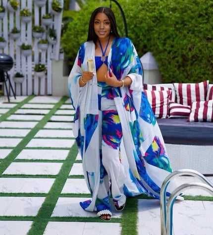 Blue and white printed lightweight robe with open front and long flowy sleeves