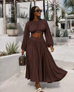 Flowing skirt dress set in dark brown, long gathered sleeves and full pleated midi skirt