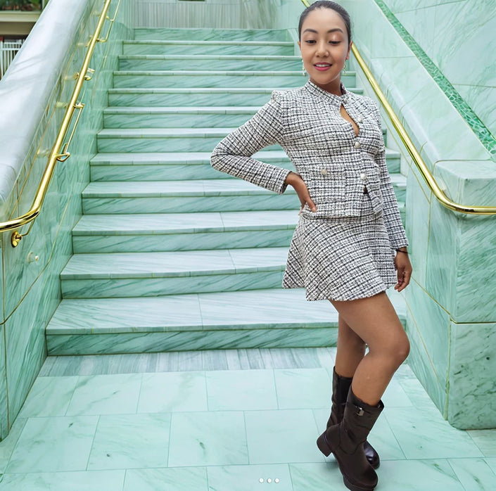Tweed cropped jacket with keyhole neckline and matching mini skirt, light plaid.