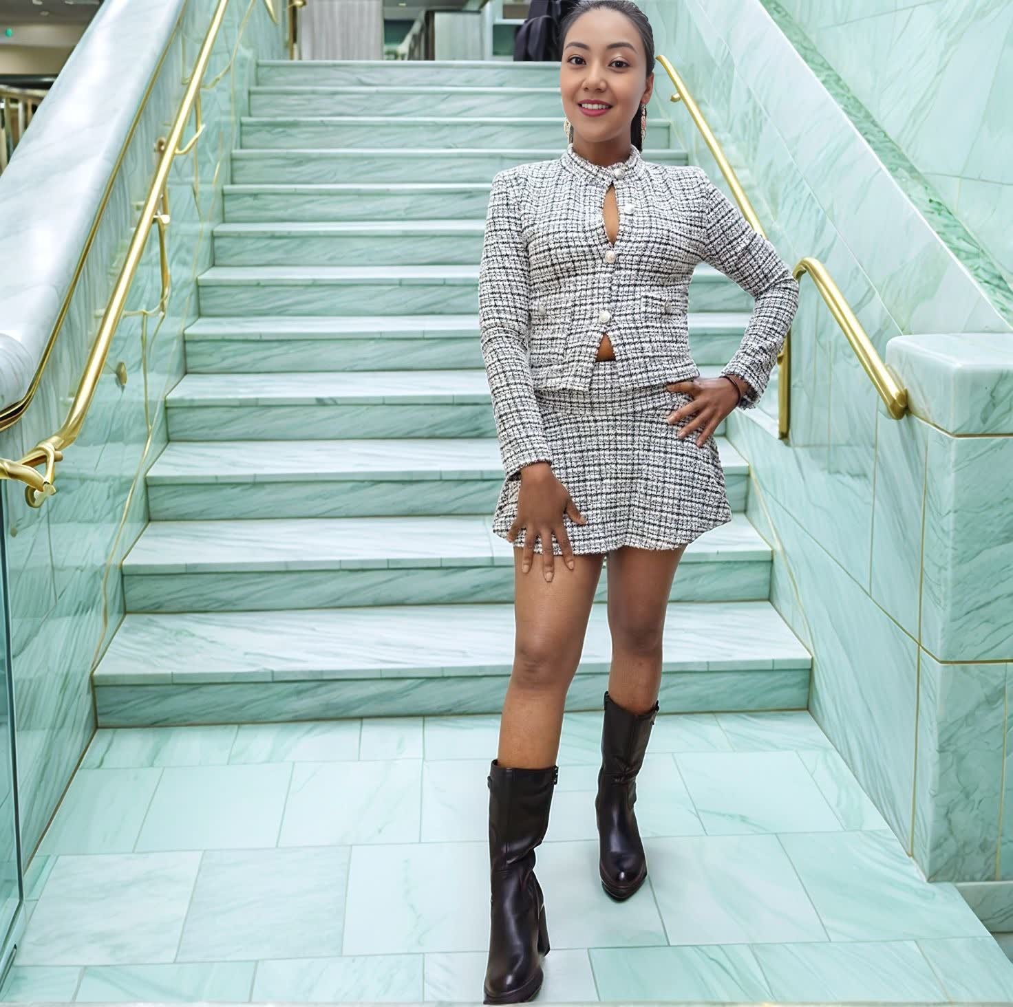 Tweed mini skirt set with button front jacket and flared mini skirt, light plaid.