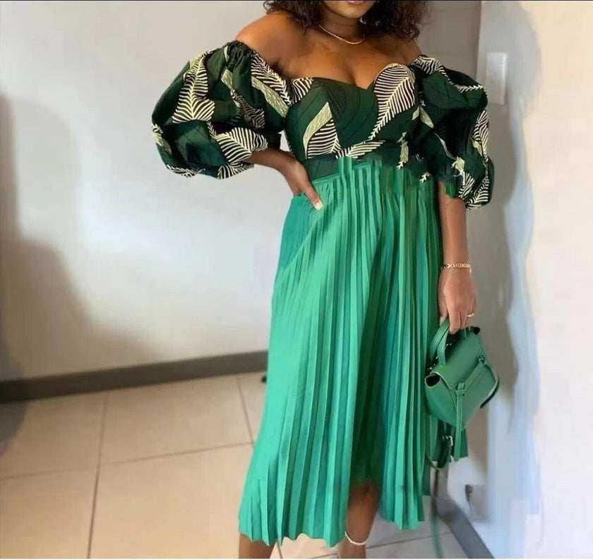 Off-Shoulder Leaf Pattern Blouse with Pleated Skirt Twin Set