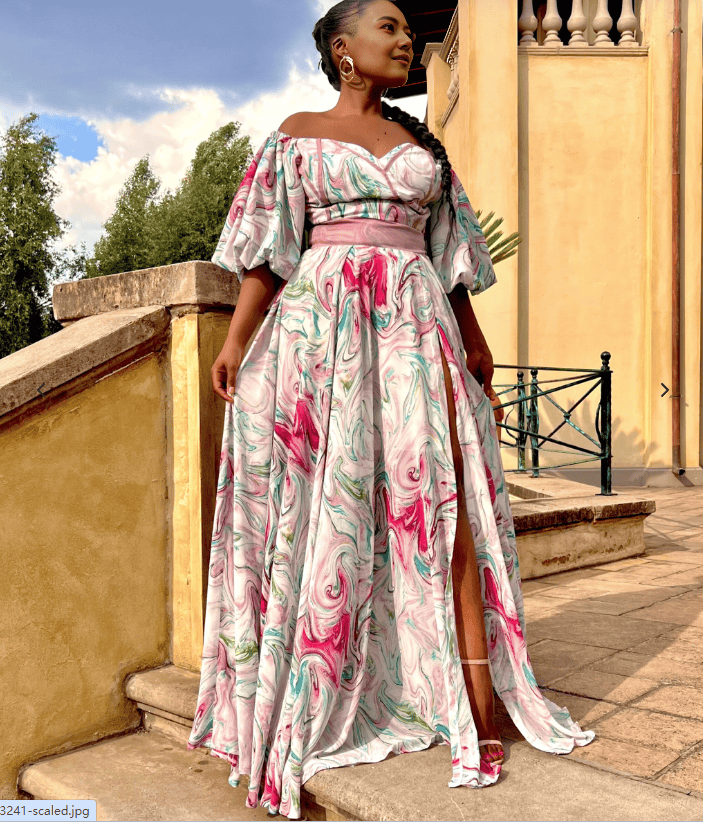 Off-shoulder maxi dress with puff sleeves and pastel floral print
