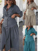 Dark teal midi dress with button front, gathered waist, and ruffled skirt