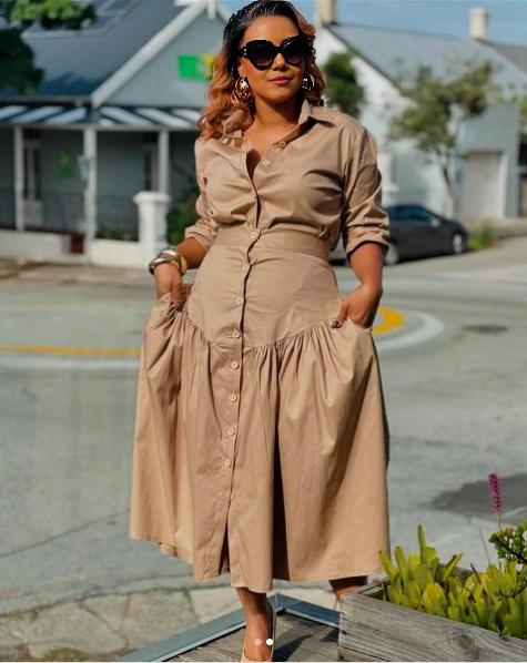 Beige midi dress with button front and gathered waist, full tiered skirt