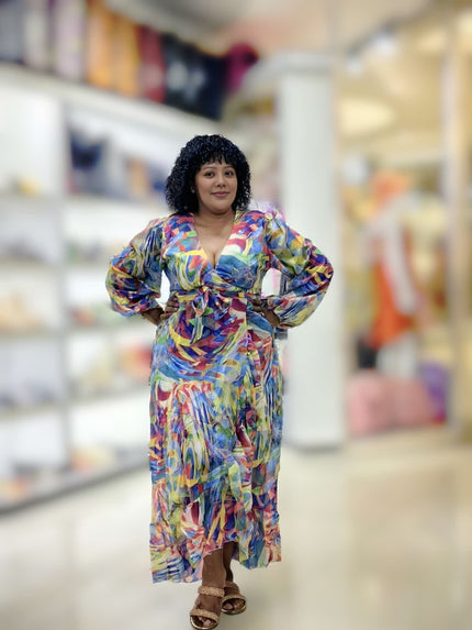 Printed wrap midi dress with V-neck, long puff sleeves, and waist tie belt