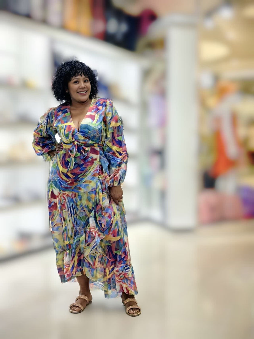 Elegant Full-Sleeve Wrap Dress with Dynamic Pattern Detailing