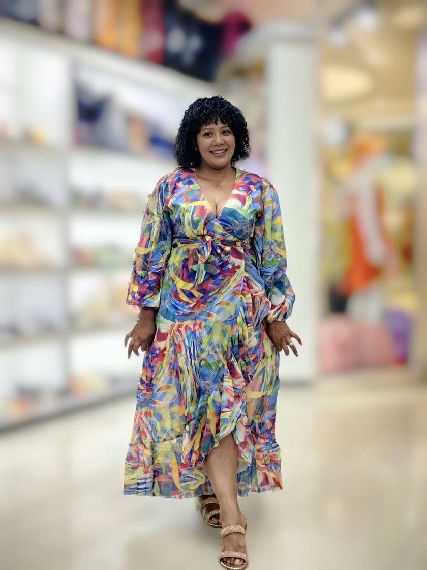 Elegant Full-Sleeve Wrap Dress with Dynamic Pattern Detailing