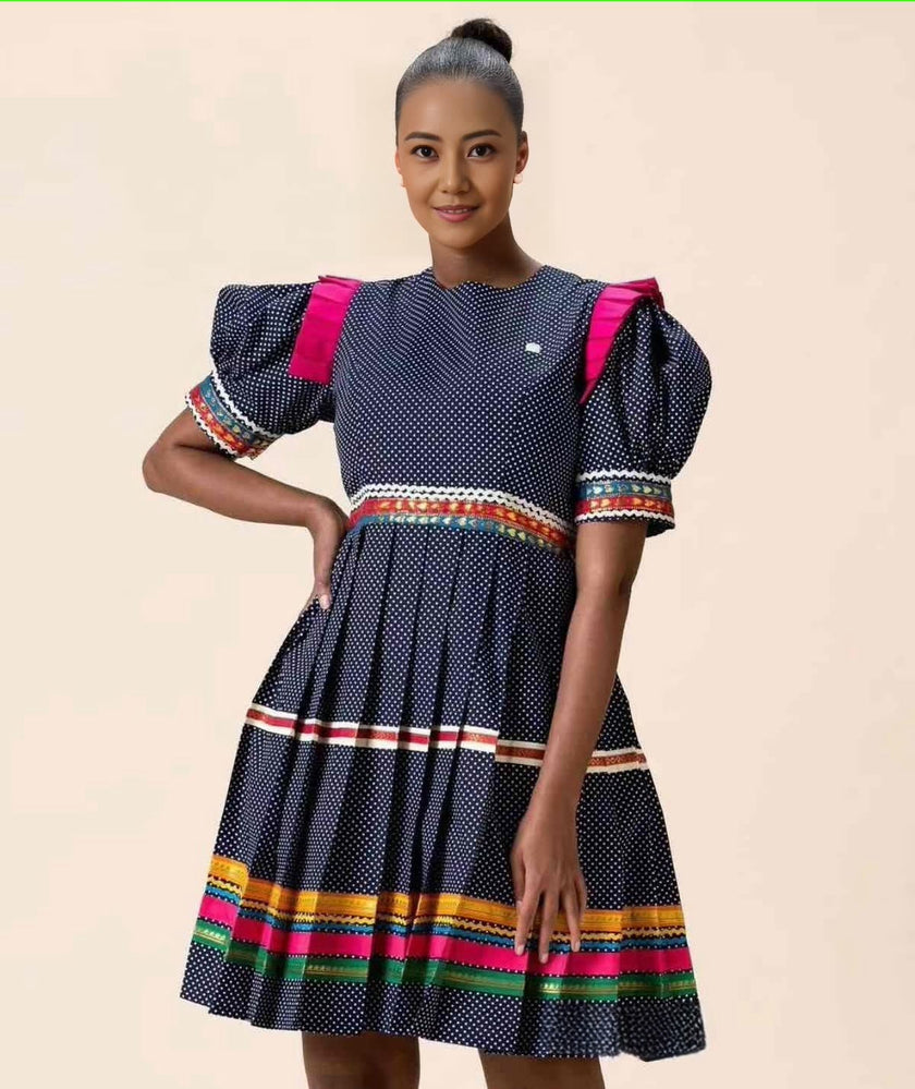 Puff Sleeve Checkered Knee-Length Dress