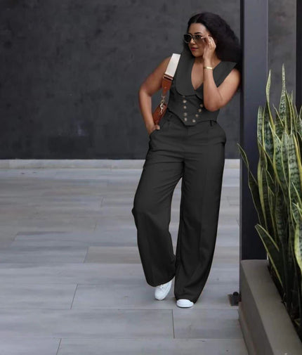 Black wide-leg jumpsuit with sleeveless V-neck vest and button front