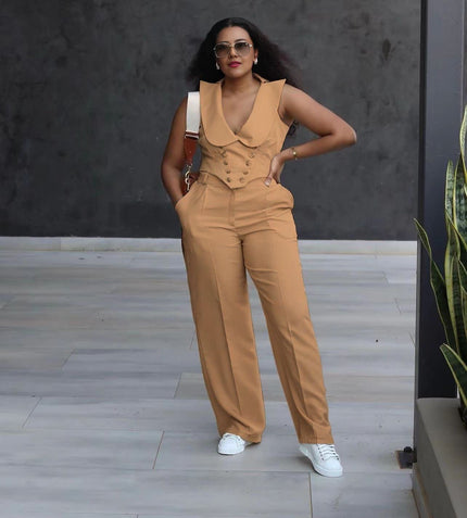 Tan wide-leg jumpsuit with V-neck sleeveless vest, double-breasted buttons, and long pants