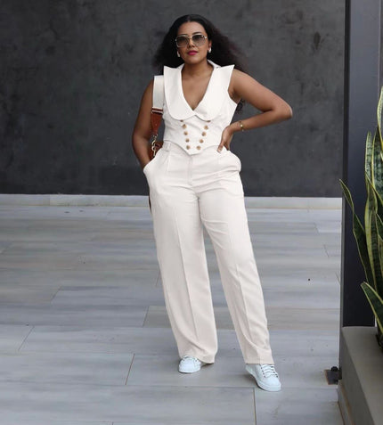 White wide-leg jumpsuit with sleeveless V-neck collar vest and buttoned center