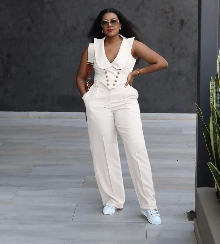 White wide-leg jumpsuit with sleeveless V-neck collar vest and buttoned center