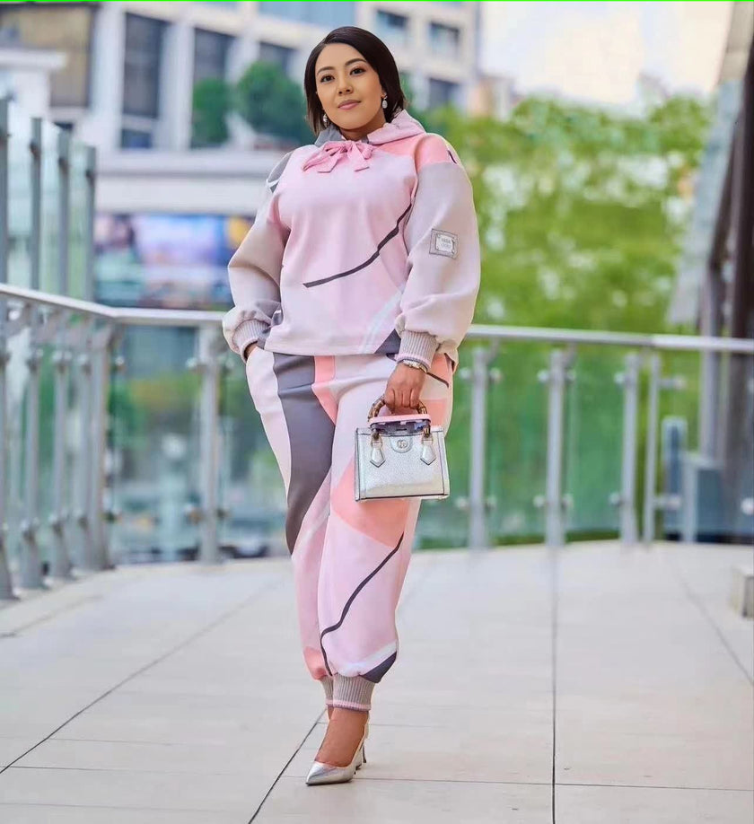 Hooded Sweatshirt with Ruffles & Striped Trousers Ensemble