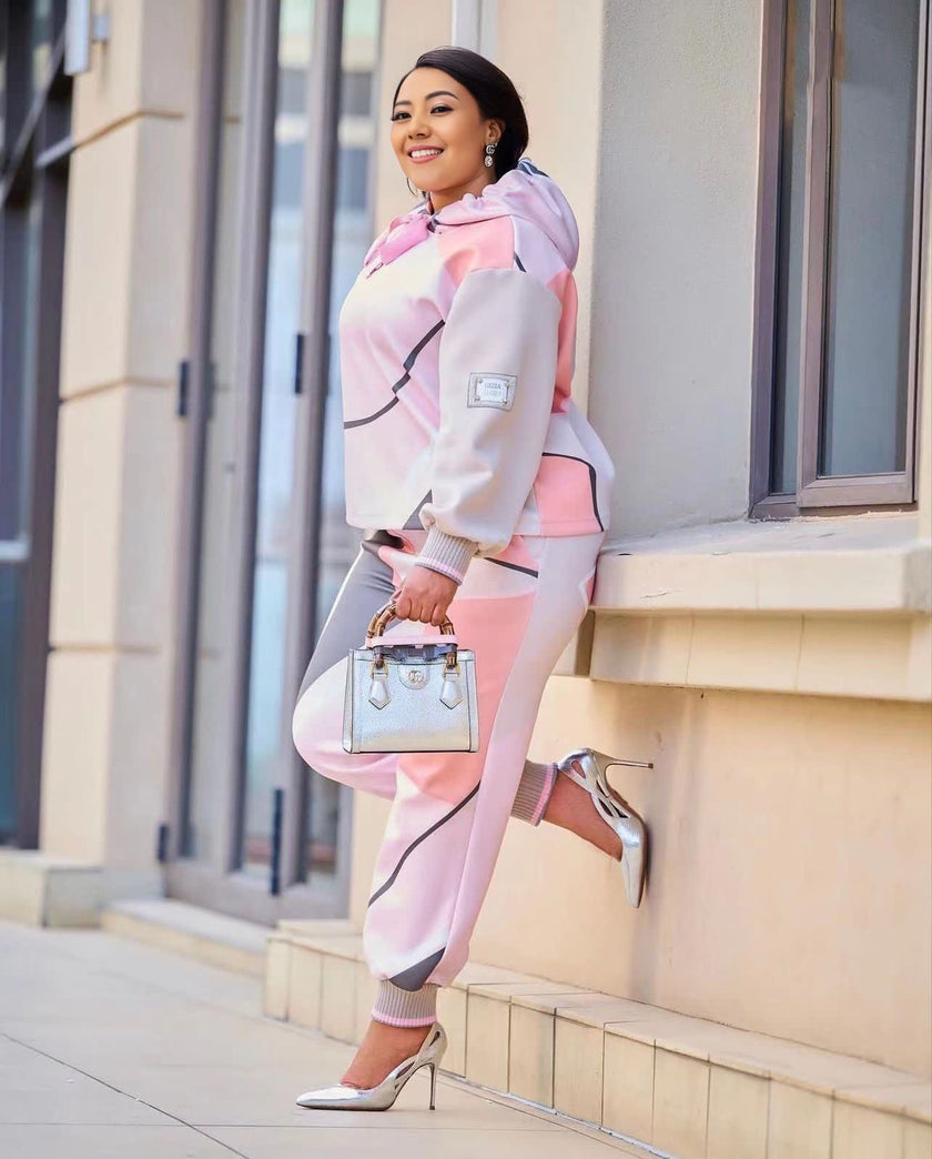 Hooded Sweatshirt with Ruffles & Striped Trousers Ensemble