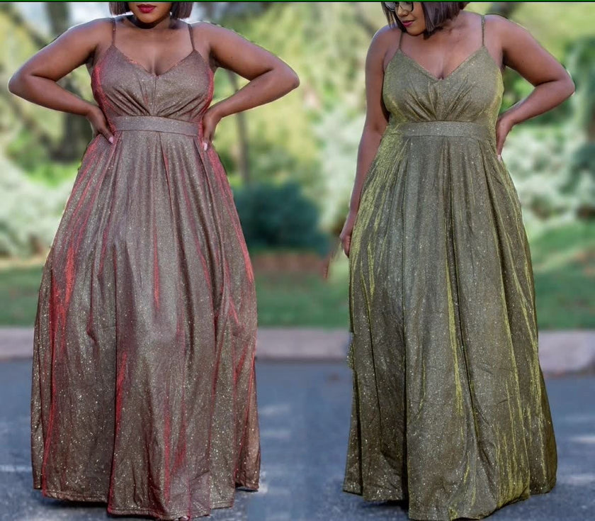 Glitter Gala Gown with V-Neck and Pleated Skirt