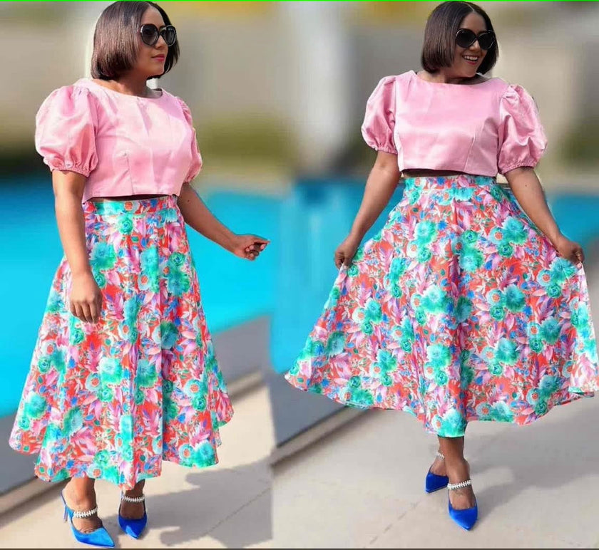 Puff Sleeve Top & Floral Print A-line Skirt Ensemble