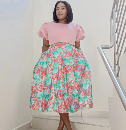 Twin Set Puff Sleeve Top Floral A-Line Skirt Chic