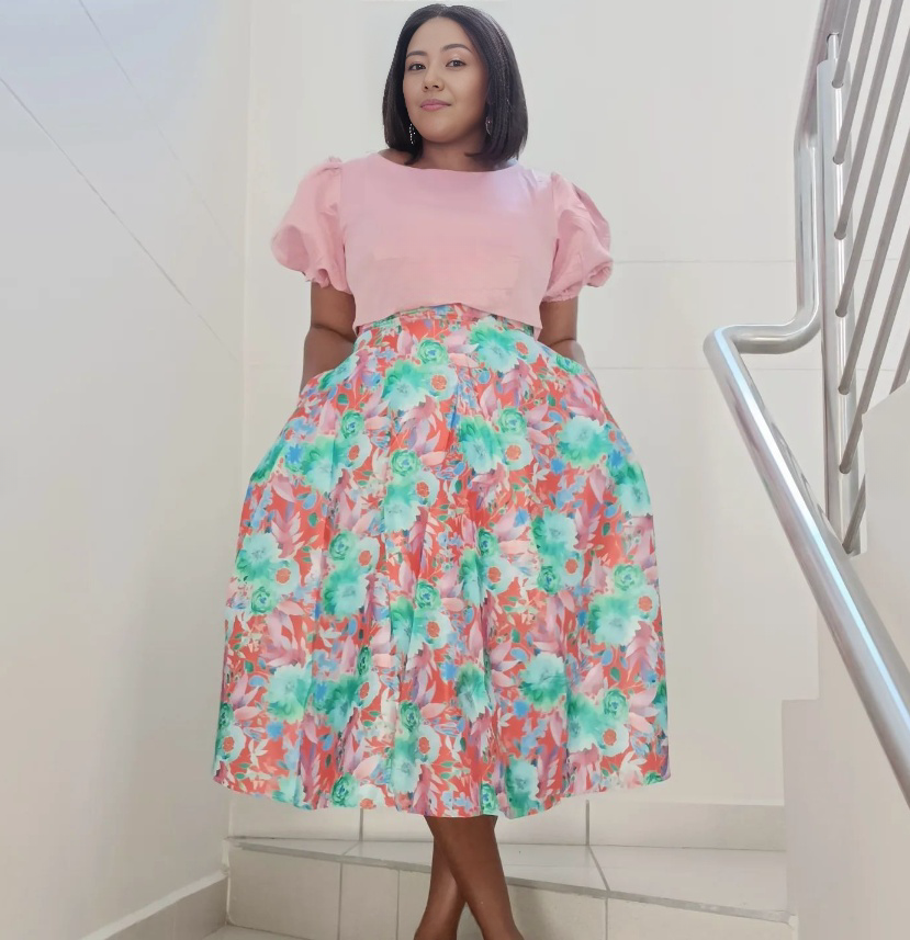 Puff Sleeve Top & Floral Print A-line Skirt Ensemble