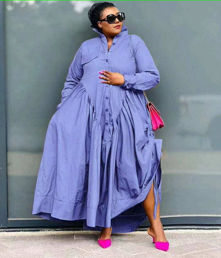 Light-purple shirt dress with button front, long sleeves, and gathered stretch waist